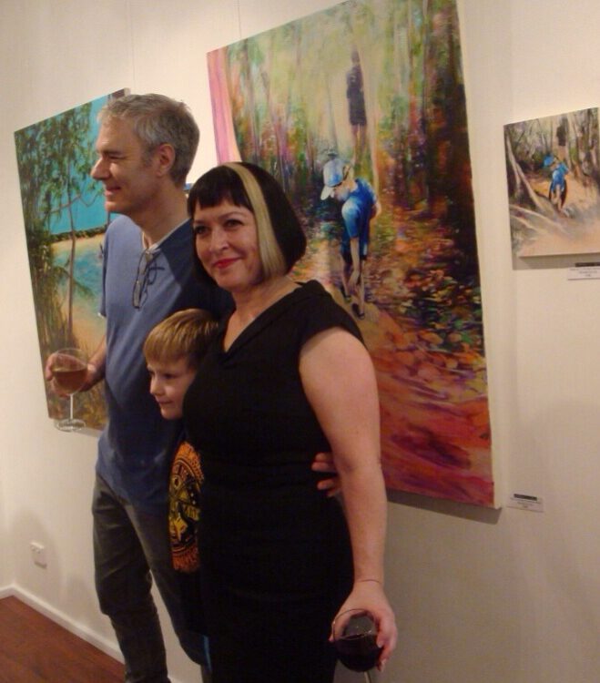 Amanda van Gils with Family at Her Art Exhibition Man and Boy at Anthea Polson Art 2015