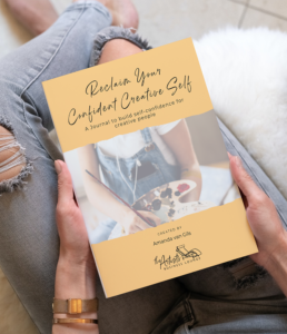 Portrait softcover book 7x10 in the hands of a woman sitting in the armchair Reclaim Your Confidence Journal cover copy