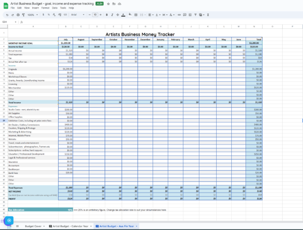 Artist making money - Budget and Income tracker