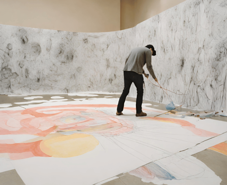 Male artist making a wall and floor drawing