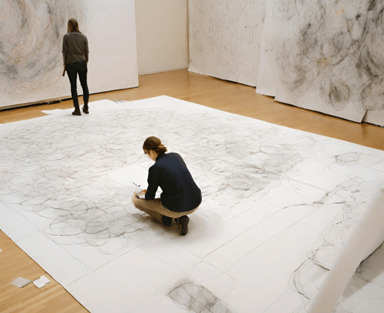 Artists collaborating on large drawing installation